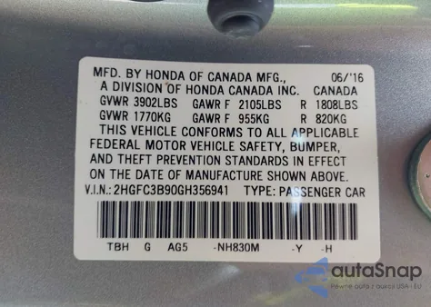 2016 Honda Civic Touring z USA, uszkodzony, nr VIN 2HGFC3B90GH356941